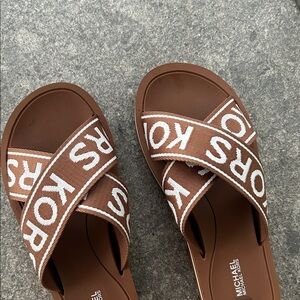 Michael Kors Brown and White Logo Sandals - Size 8
